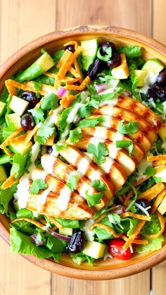 A colorful Quesadilla Explosion Salad with greens, chicken, cheese, and tortilla strips in a rustic bowl.